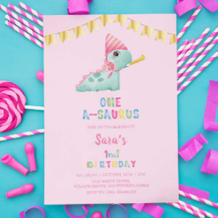 Invitation Premier Anniversaire Dinosaur Gold Party, rose