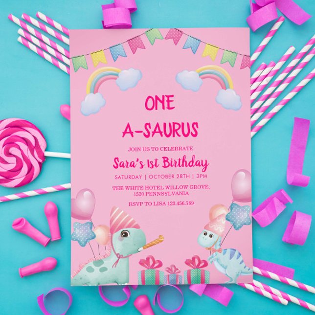 Invitation Premier anniversaire Dinosaures & Rainbow Pink (Créateur téléchargé)