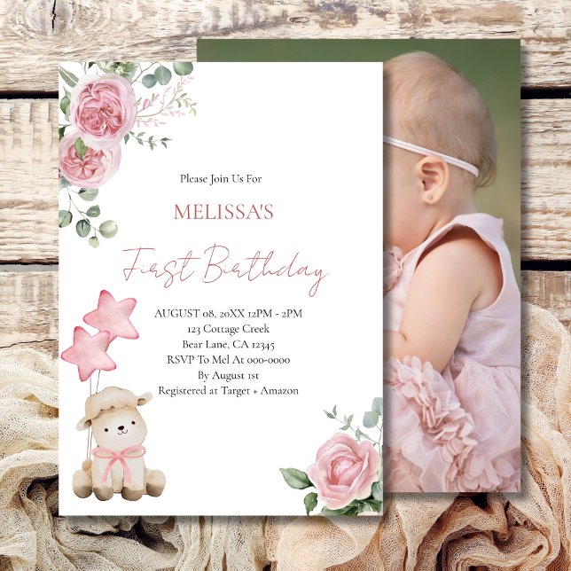 Invitation Premier Anniversaire Doux Petite Agneau Roses Rose (Créateur téléchargé)