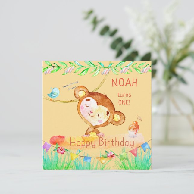 Invitation Premier anniversaire du singe amusant (Debout devant)