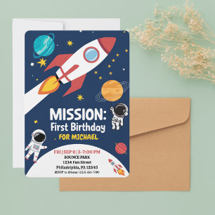 Invitation Premier anniversaire d'un garçon fusée espace astr