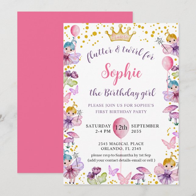 Invitation Premier anniversaire Fairy Princesse Rose & Or (Devant / Derrière)