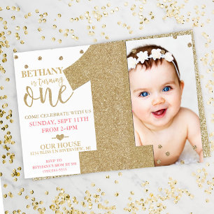 Invitation Premier anniversaire Faux Gold Parties scintillant