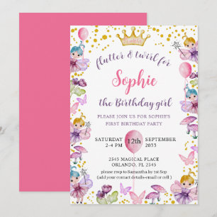 Invitation Premier Anniversaire Fée Princesse Rose & Or