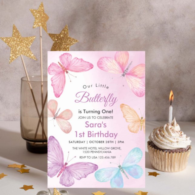 Invitation Premier anniversaire Fille colorée papillon fête (Créateur téléchargé)