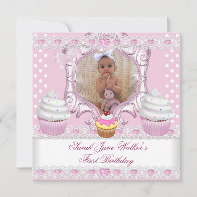 Invitation Premier anniversaire fille Cupcakes rose Bébé blan (Devant)