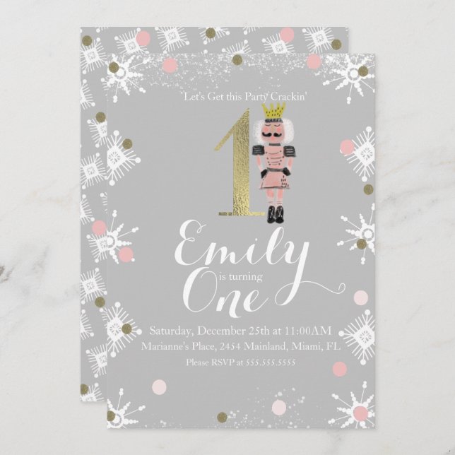 Invitation Premier anniversaire Foil Nutcracker Snowflakes Ho (Devant / Derrière)