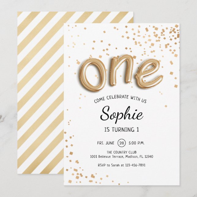 Invitation Premier anniversaire - Gold White (Devant / Derrière)