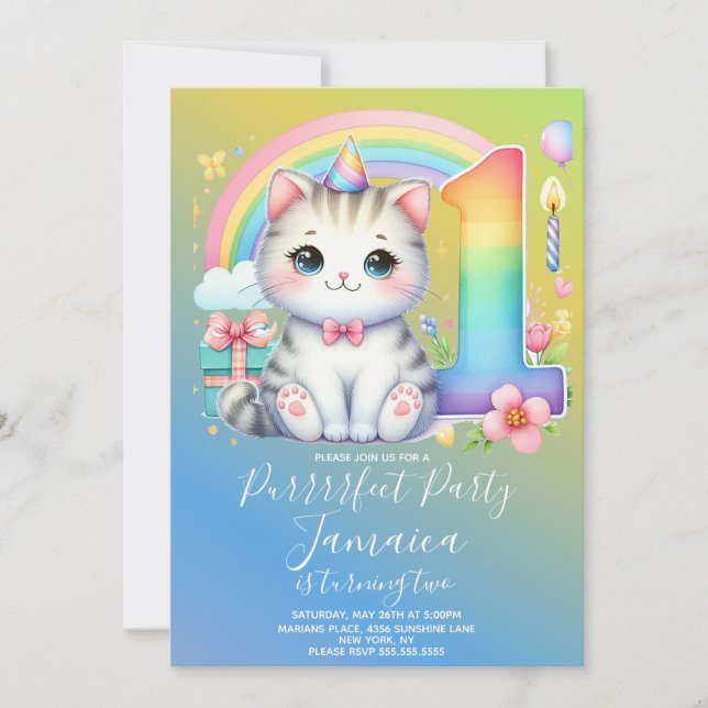 Invitation Premier anniversaire Kitten Rainbow Party (Devant)