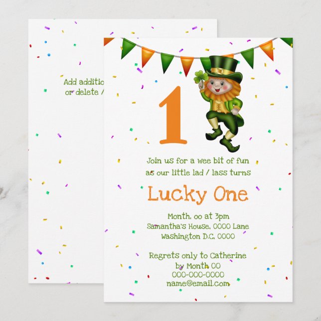 Invitation Premier anniversaire leprechaun chanceux un trèfle (Devant / Derrière)