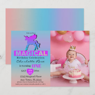 Invitation Premier Anniversaire Licorne Magique Rose Bleu
