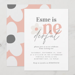 Invitation Premier anniversaire marguerite boho rétro rose gi