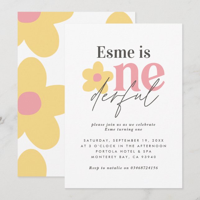 Invitation Premier anniversaire marguerite boho rétro rose ja (Devant / Derrière)