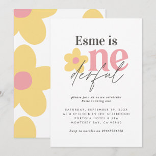 Invitation Premier anniversaire marguerite boho rétro rose ja