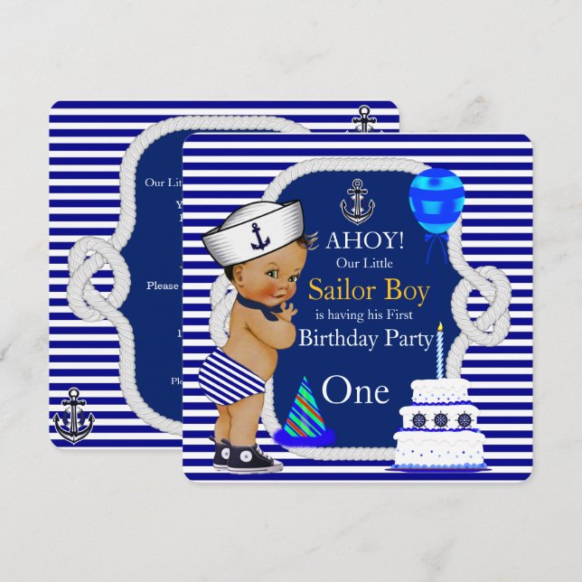 Invitation Premier anniversaire marin Boy Marine Bleu Stripe (Devant / Derrière)