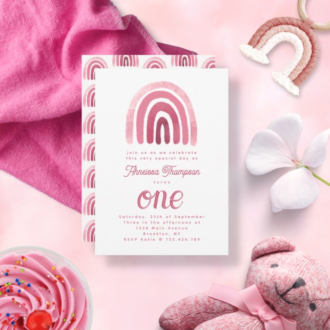 Invitation Premier anniversaire minimaliste Boho rose arc-en- (Créateur téléchargé)