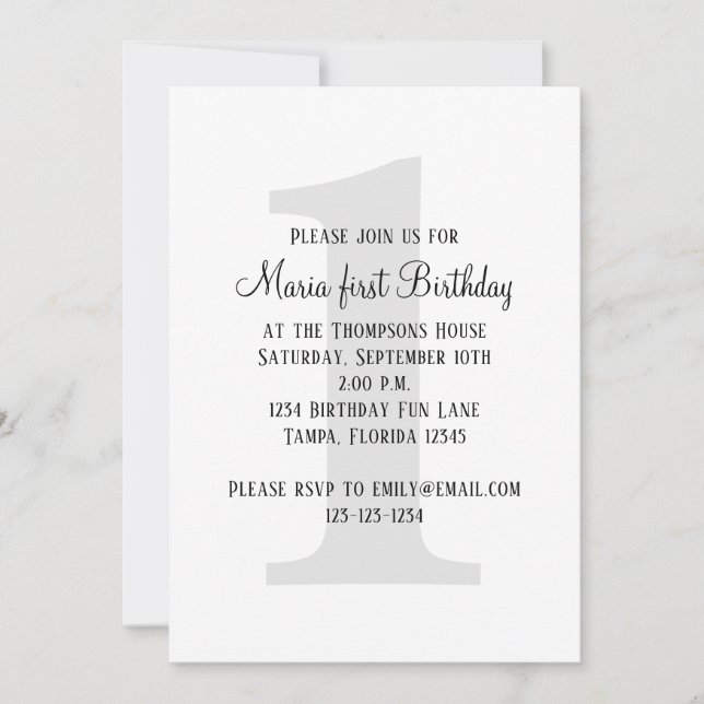 Invitation Premier anniversaire minimaliste Neutralité hommes (Devant)