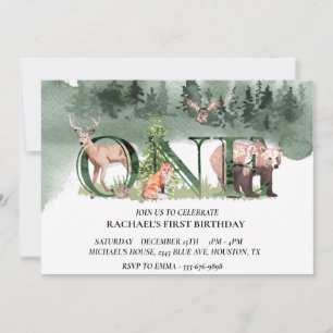 Invitation Premier anniversaire ours des bois cerf aquarelle