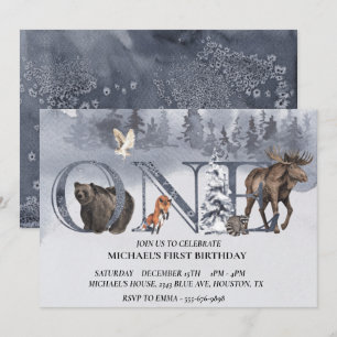 Invitation Premier Anniversaire Ours Forêt Hivernale Aquarell