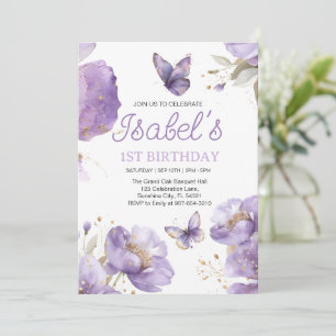 Invitation Premier anniversaire, Papillon aux fleurs violet e