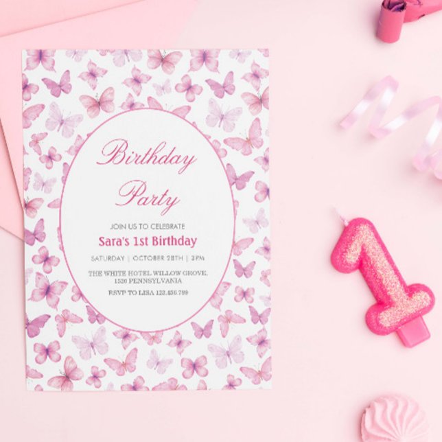 Invitation Premier Anniversaire Papillons rose et violet (Créateur téléchargé)