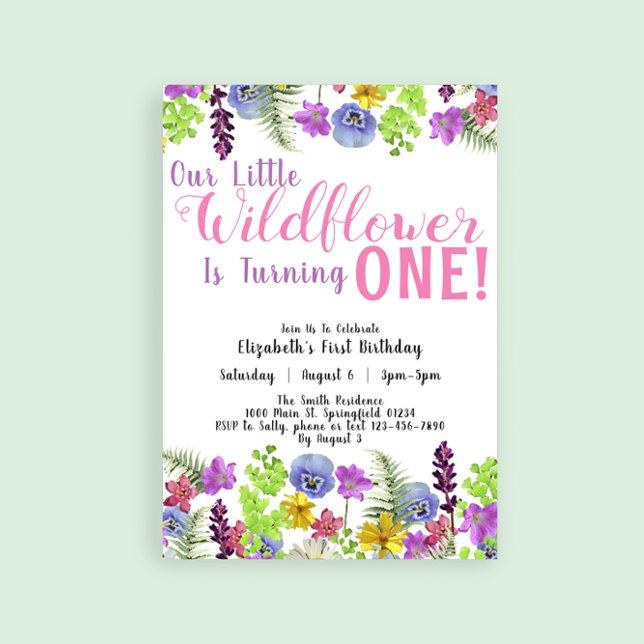 Invitation Premier anniversaire Petit Fleur sauvage Floral Gi (Créateur téléchargé)