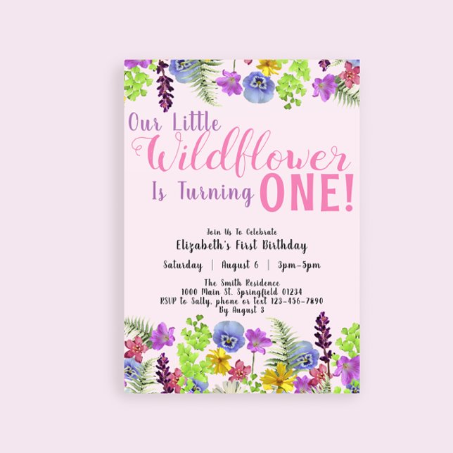 Invitation Premier Anniversaire Petite Fleur sauvage Rose Flo (Créateur téléchargé)