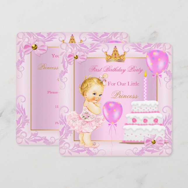 Invitation Premier anniversaire Princesse Tiara Girl Blonde r (Devant / Derrière)