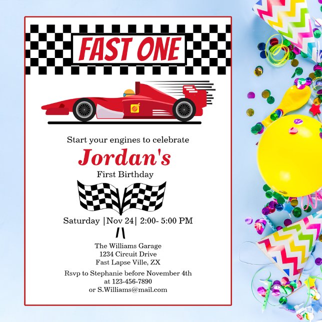 Invitation Premier Anniversaire Red Race Car Fast One (Créateur téléchargé)