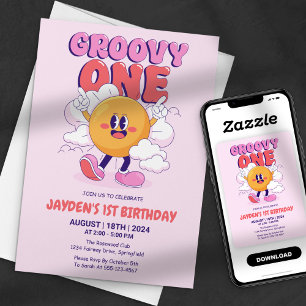 Invitation Premier anniversaire rétro groovy rose