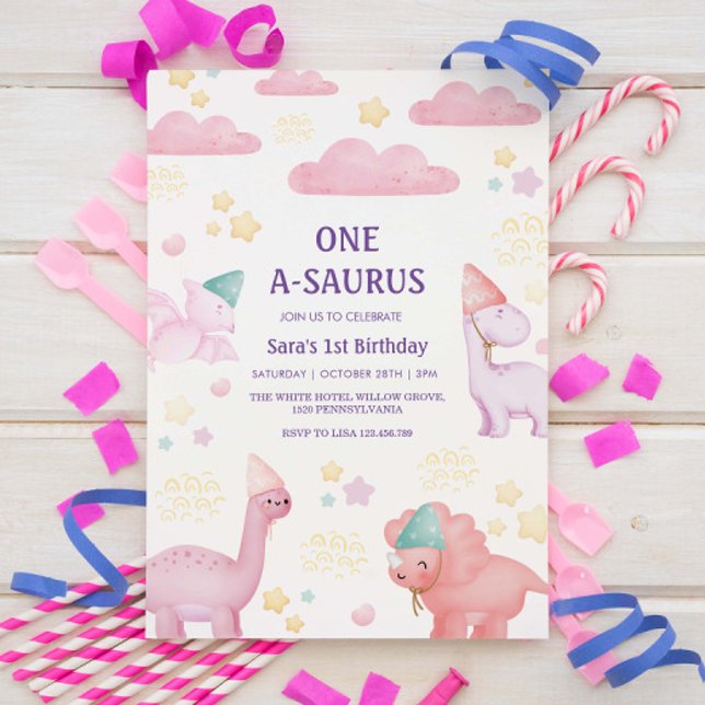 Invitation Premier Anniversaire rose Dinosaures (Créateur téléchargé)