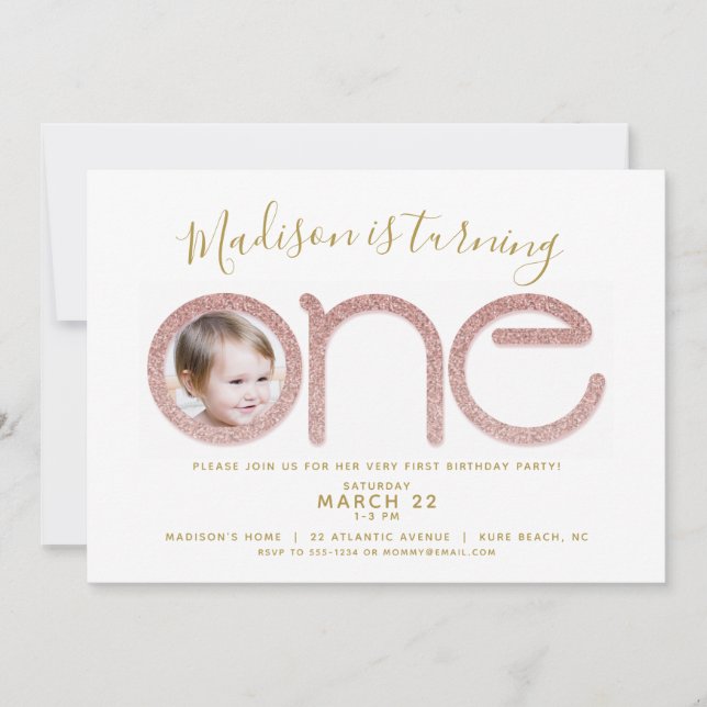 Invitation Premier anniversaire Rose Gold Parties scintillant (Devant)