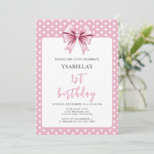 Invitation Premier anniversaire Rose pois et nœud papillon