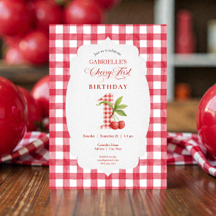Invitation Premier anniversaire rouge à carreaux de bébé Ceri