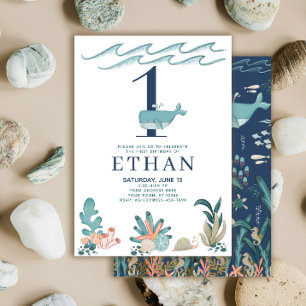 Invitation Premier anniversaire sous la mer aquarelle baleine