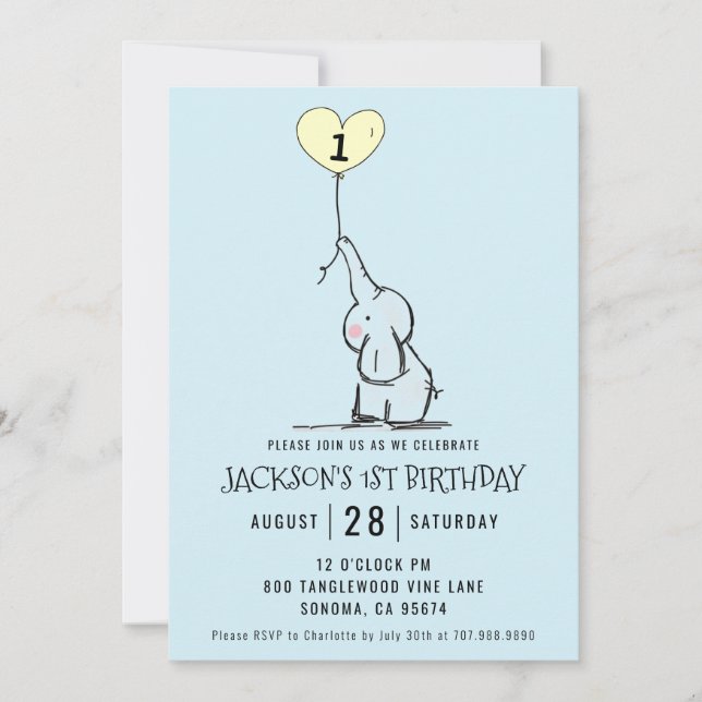 Invitation Premier anniversaire Whimsical | Bleu éléphant (Devant)