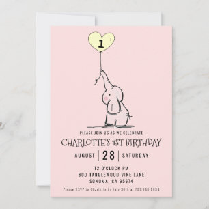 Invitation Premier anniversaire Whimsical Rose éléphant