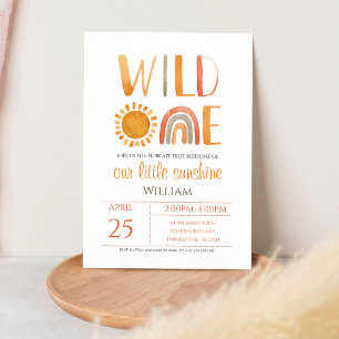 Invitation Premier anniversaire Wild One aquarelle arc-en-cie