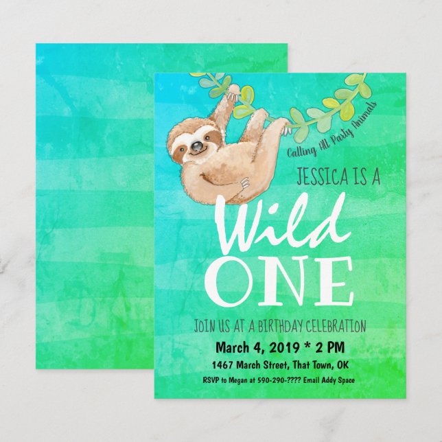 Invitation Premier anniversaire Wild One Jungle Sloth Party (Devant / Derrière)