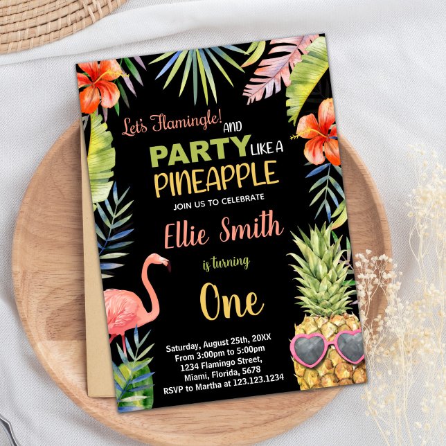 Invitation Premier Flamant rose noir et ananas Anniversaire (First Black Flamingo & Pineapple Birthday Invitation)