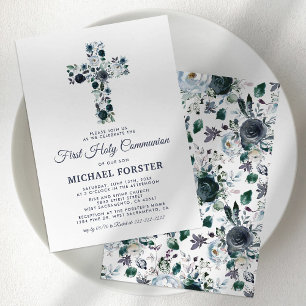 Invitation Premier garçon de la Sainte Communion Croix floral