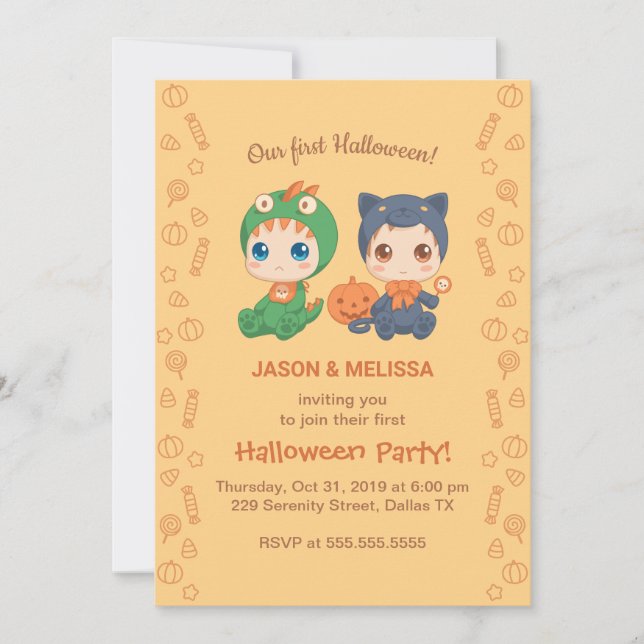 Invitation Premier Halloween Baby Twins Black Cat Dragon Part (Devant)