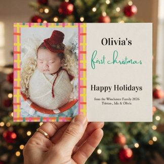 Invitation Premier Noël de bébé Rose, plaid jaune Photo