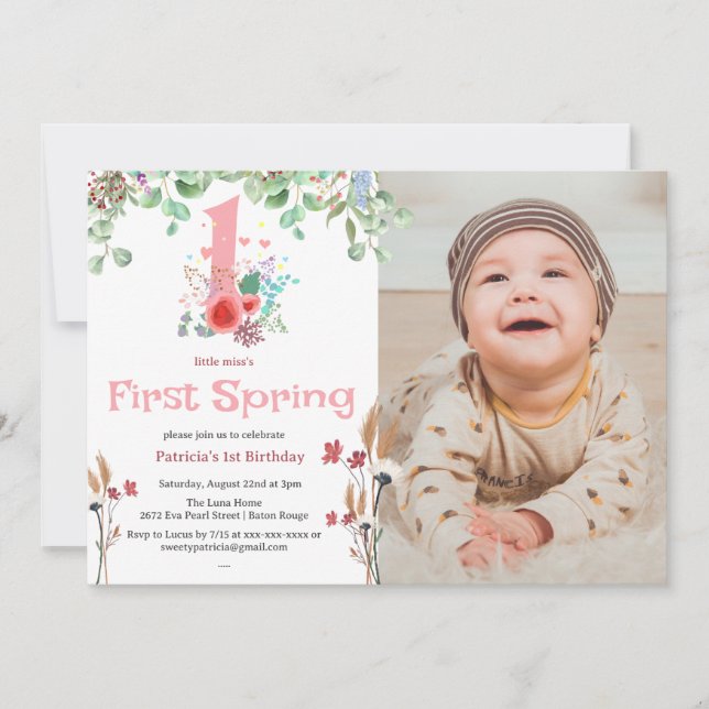 Invitation Premier printemps Floral Little Miss Onederful 1er (Devant)