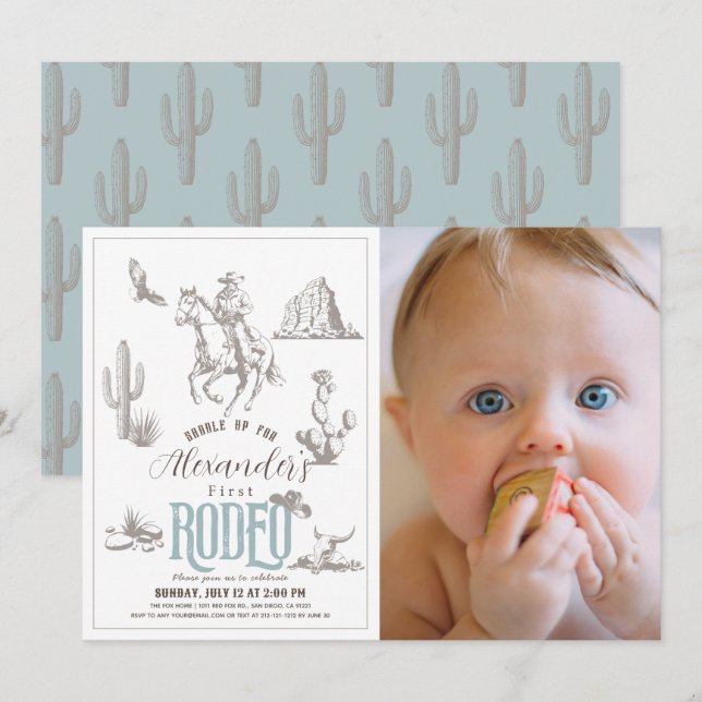 Invitation Premier Rodeo Cowboy Western Blue 1er Anniversaire (Devant / Derrière)
