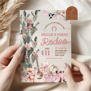 Invitation Premier Rodéo Fille Bois Rustique Rose