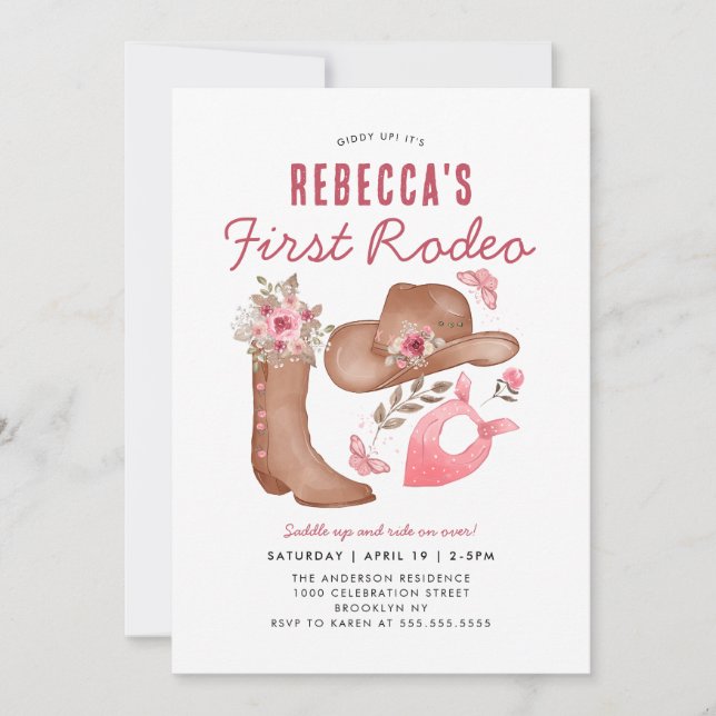 Invitation Premier Rodéo Mignonne Pays Cowgirl Rose 1er Anniv (Devant)