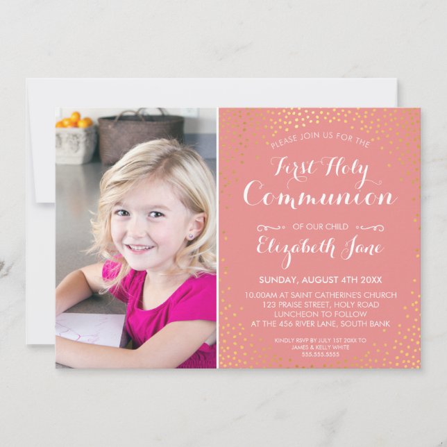 Invitation PREMIER SAINT COMMUNAUTÉ mini confetti d'or corail (Devant)