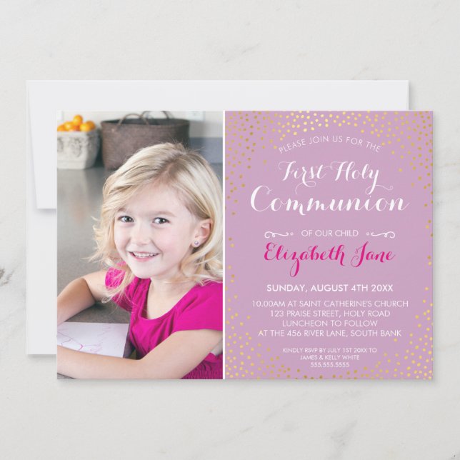 Invitation PREMIER SAINT COMMUNION mini confetti d'or violet (Devant)
