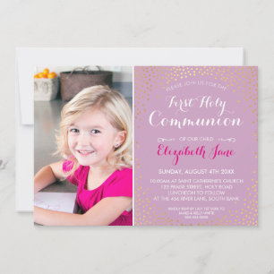 Invitation PREMIER SAINT COMMUNION mini confetti d'or violet